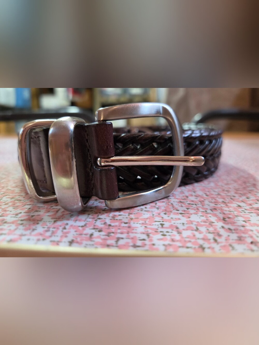 Men's Dark Brown Braided Woven Genuine Leather Belt Silver Buckle Size 36